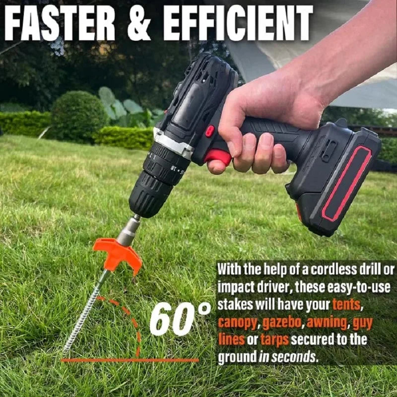 Cordless drill driving screw-in tent stakes into grass for quick tent setup by Military-Outdoors.com