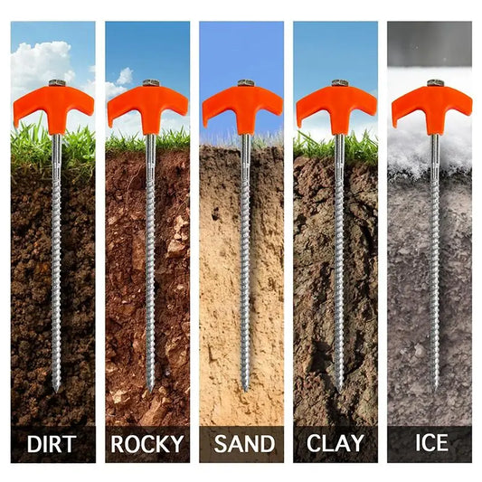 Orange T handle hammer with screw-in tent stakes anchored in dirt rocky sand clay and ice soil types