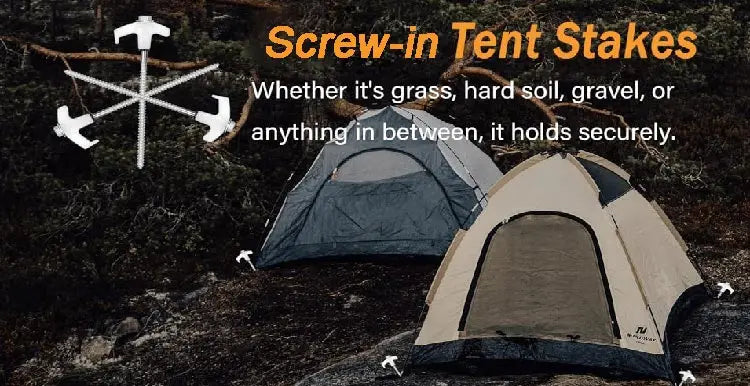 screw-in tent stakes with T handle hammer securing two camping tents on rocky forest ground