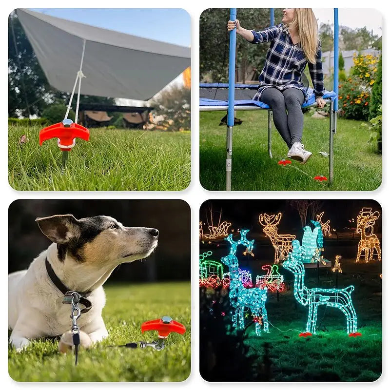 Red screw-in tent stakes anchoring tarp, trampoline, dog leash and holiday light displays