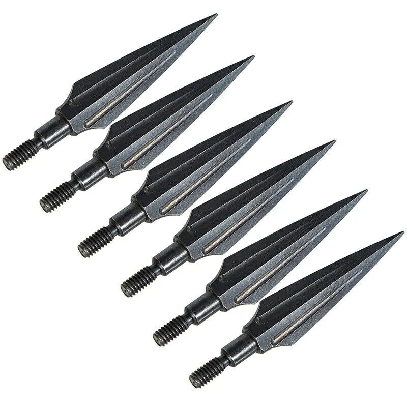 Set of six carbon steel hunting arrowheads designed for enhanced accuracy and durability