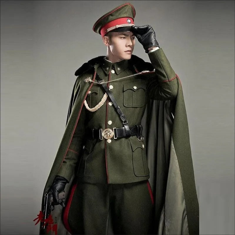 China Grand General Uniform in dark green with dramatic cape for military reenactments