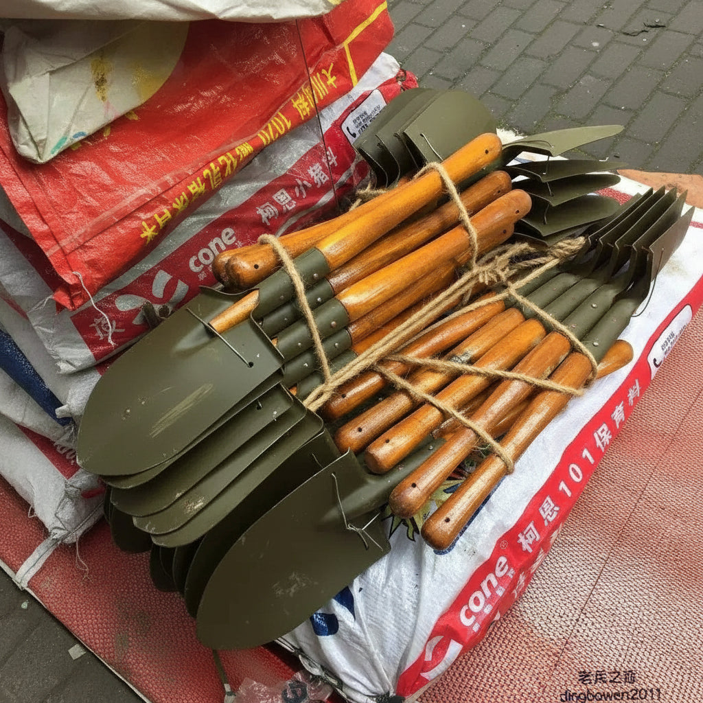 Chinese military surplus shovel collection with wooden handles for outdoor use