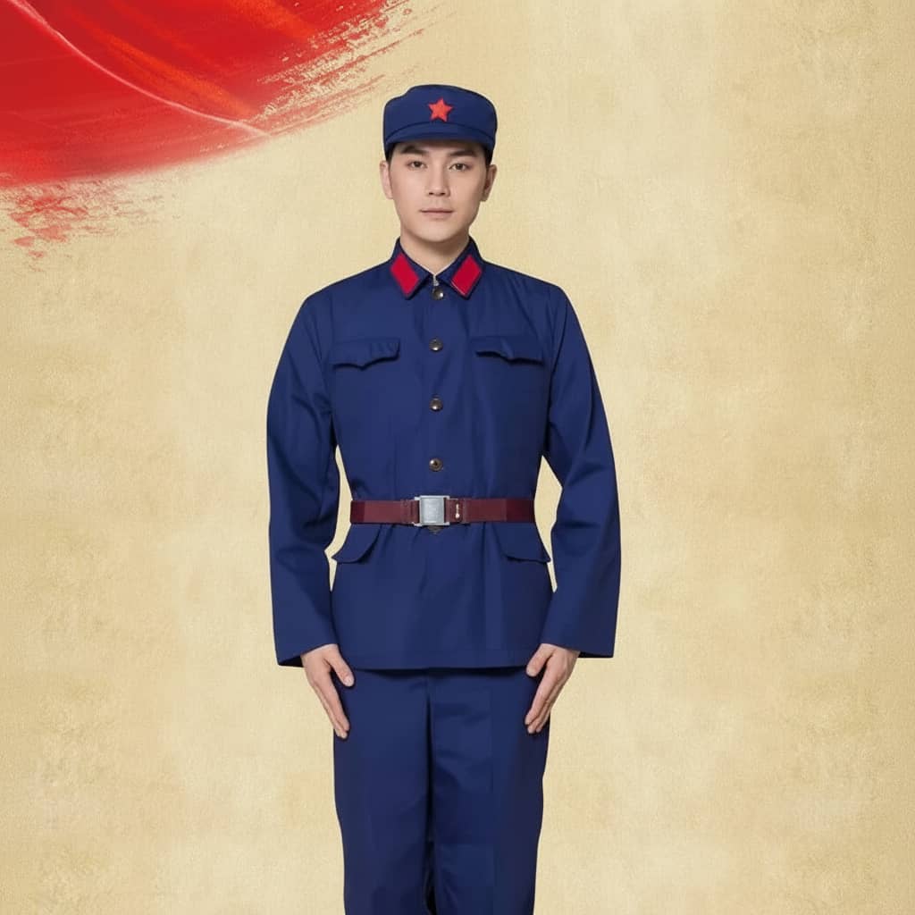 Chinese Navy uniform in navy blue with red collar and belt for historical reenactments