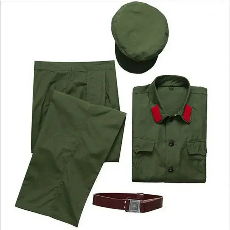 Chinese officer uniform in green with matching pants, cap, and belt for historical reenactments