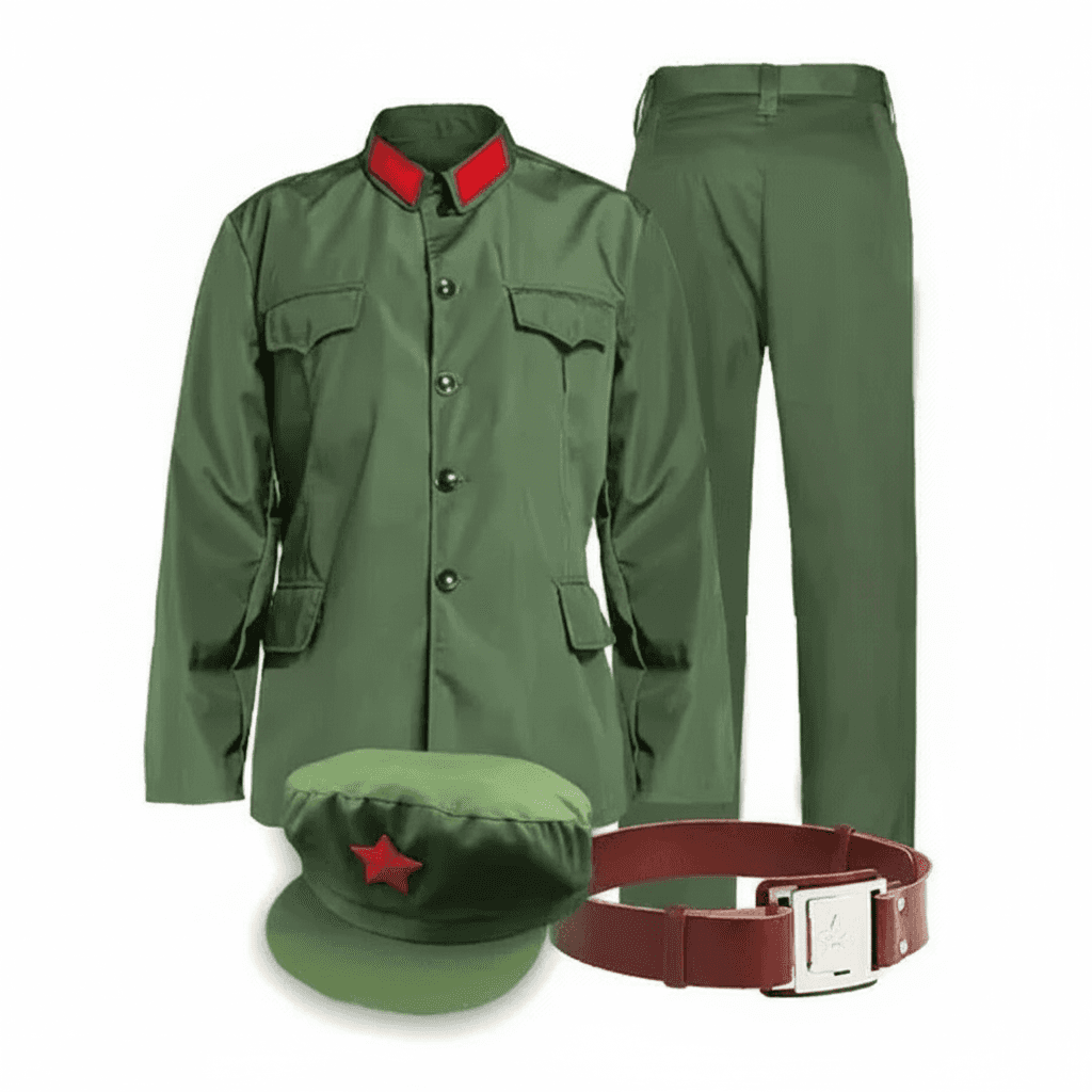 Chinese officer uniform in green with jacket, pants, hat, and belt for historical reenactments