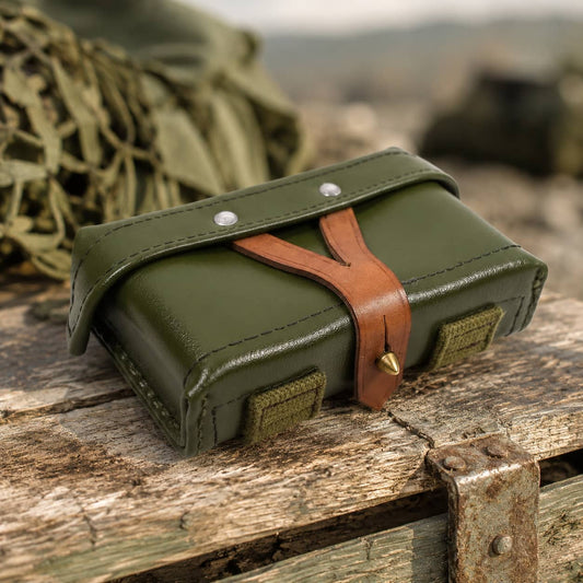 Chinese surplus belt pouch in green with leather strap and secure fastener