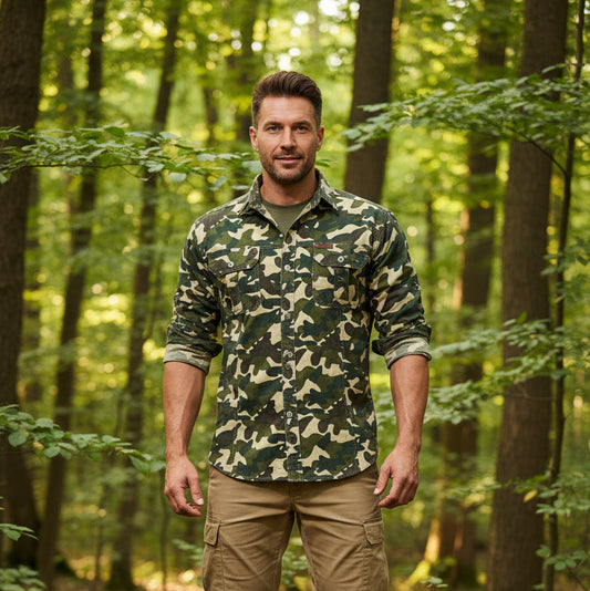 Camouflage military shirts in green and brown, perfect for outdoor activities