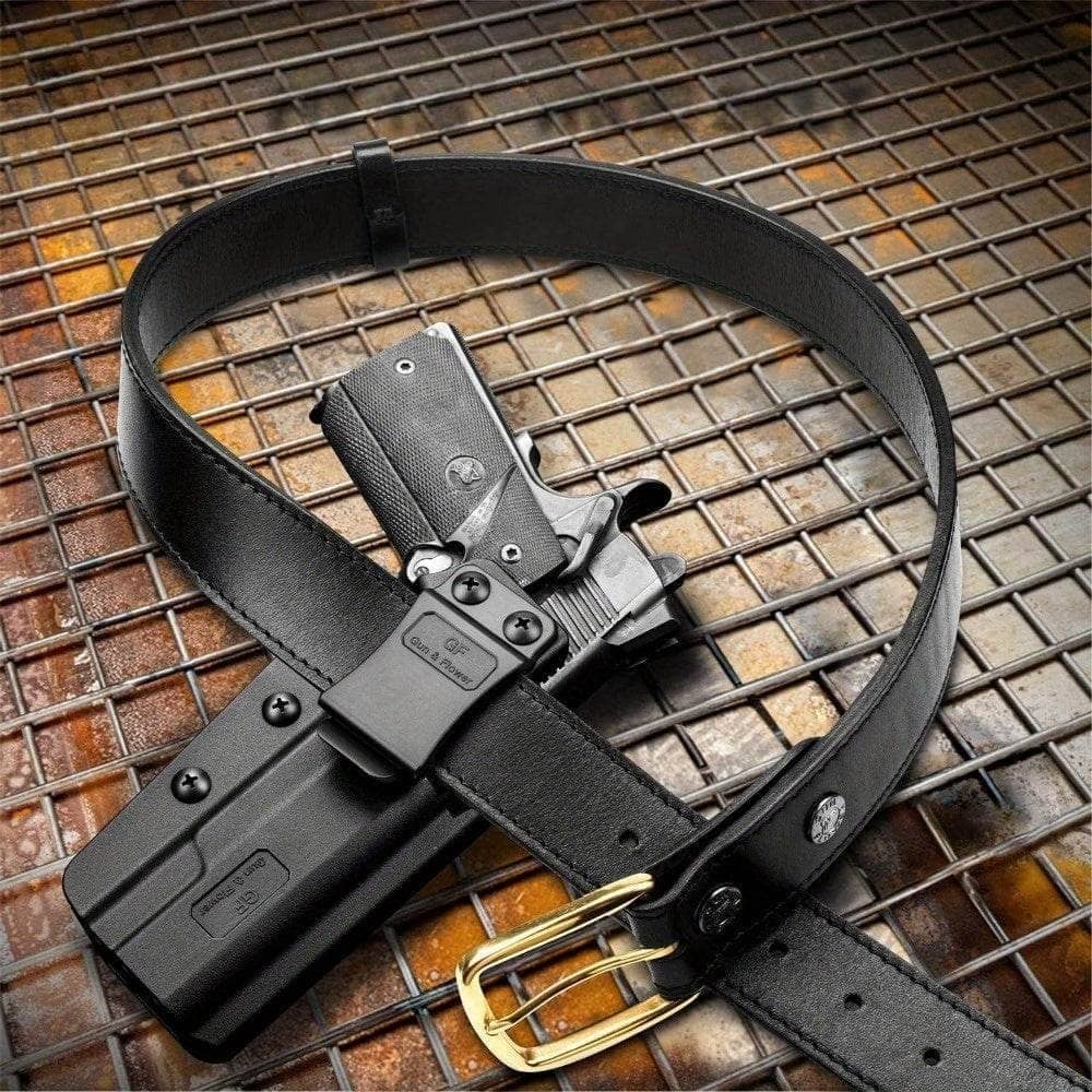 Colt 1911 holster attached to a 1.5 inch wide belt with a stylish buckle for secure gun storage