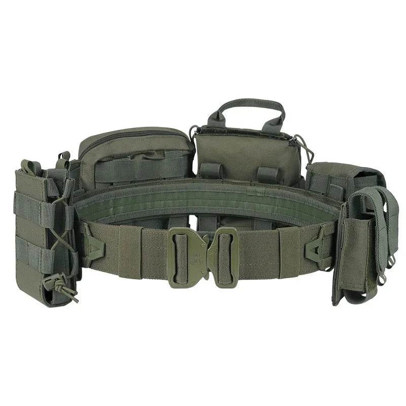 Tactical combat belt with modular pouches and durable construction for outdoor and military use