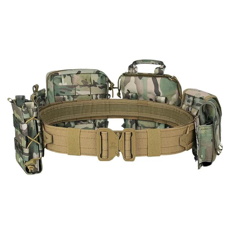 Tactical combat belt featuring multiple pouches and camouflage design for military and outdoor use