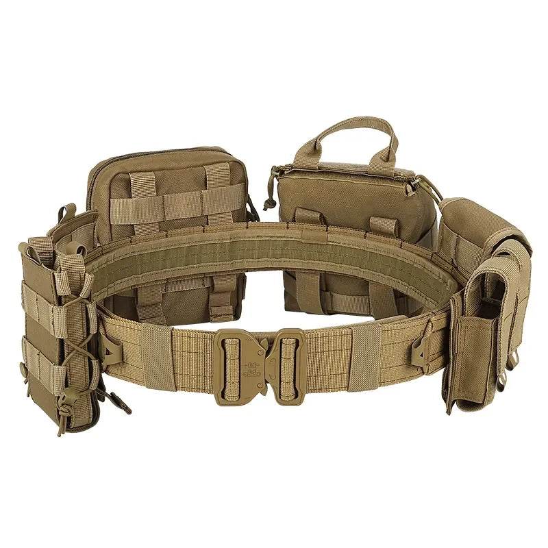 Tactical combat belt in khaki with multiple pouches and attachment points for convenience and storage