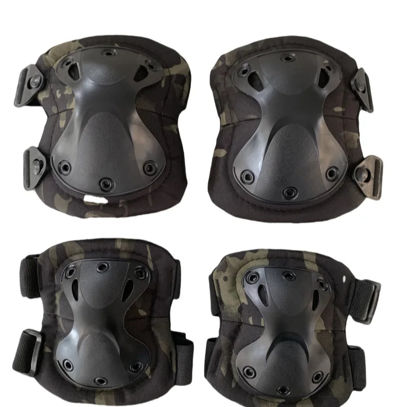 Combination set of combat knee and elbow pads in camouflage design for enhanced protection and mobility