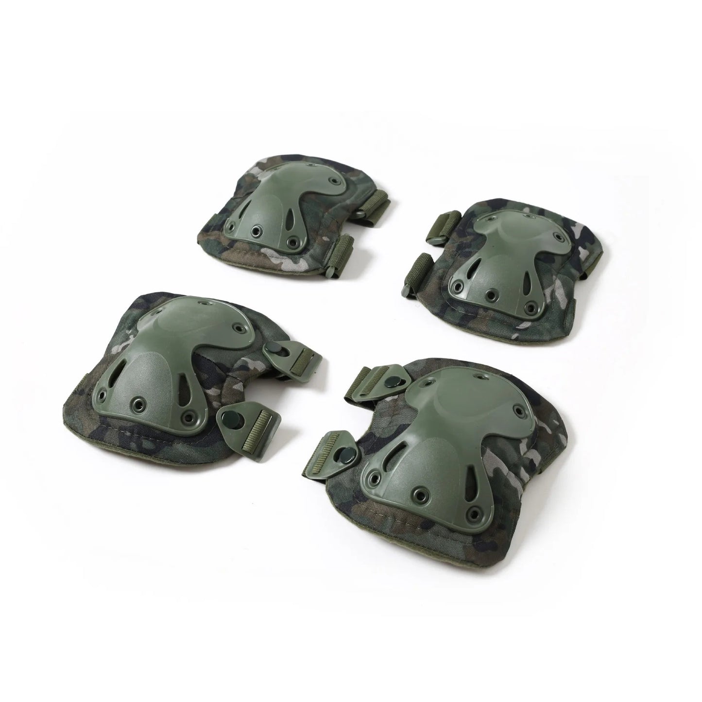 Set of combat knee and elbow pads in camouflage for enhanced protection during outdoor activities