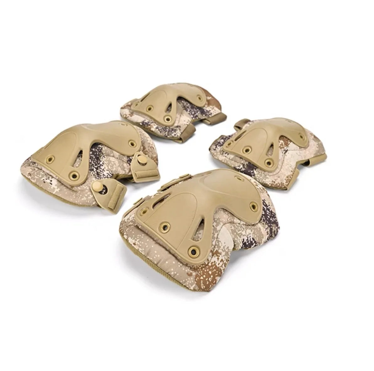 Set of combat knee and elbow pads in a camo pattern for outdoor protection and support