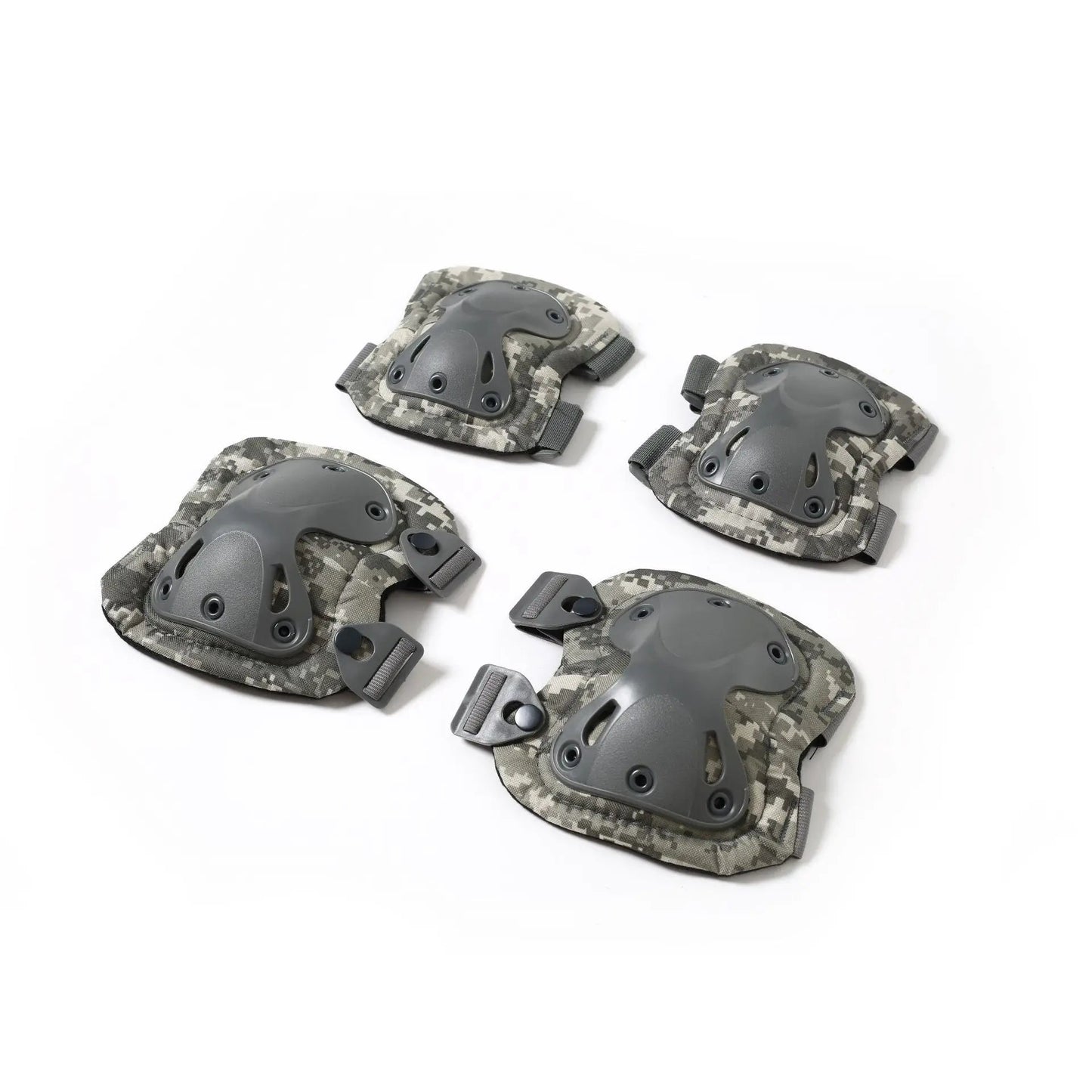 Set of combat knee and elbow pads in camo design for protection during military activities