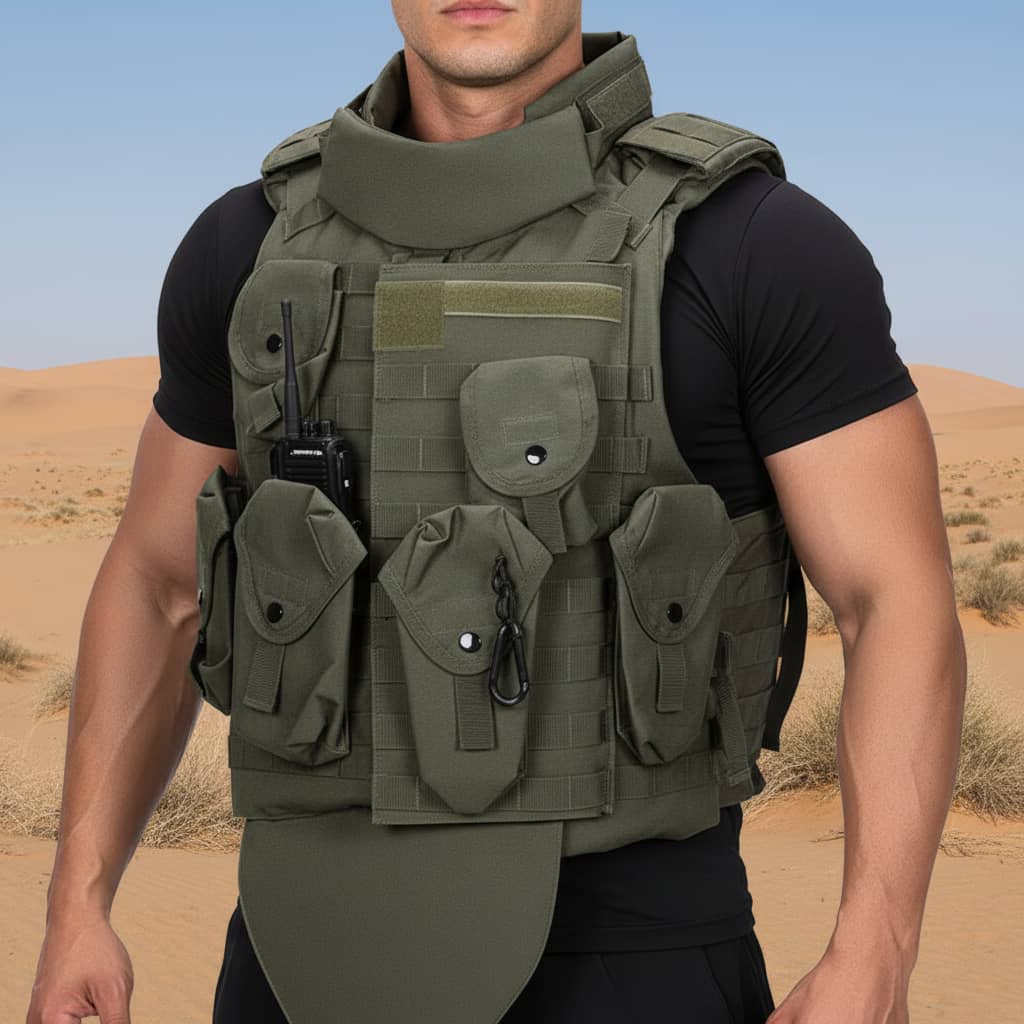 Combat Tactical Vest in olive green with multiple utility pockets for outdoor use
