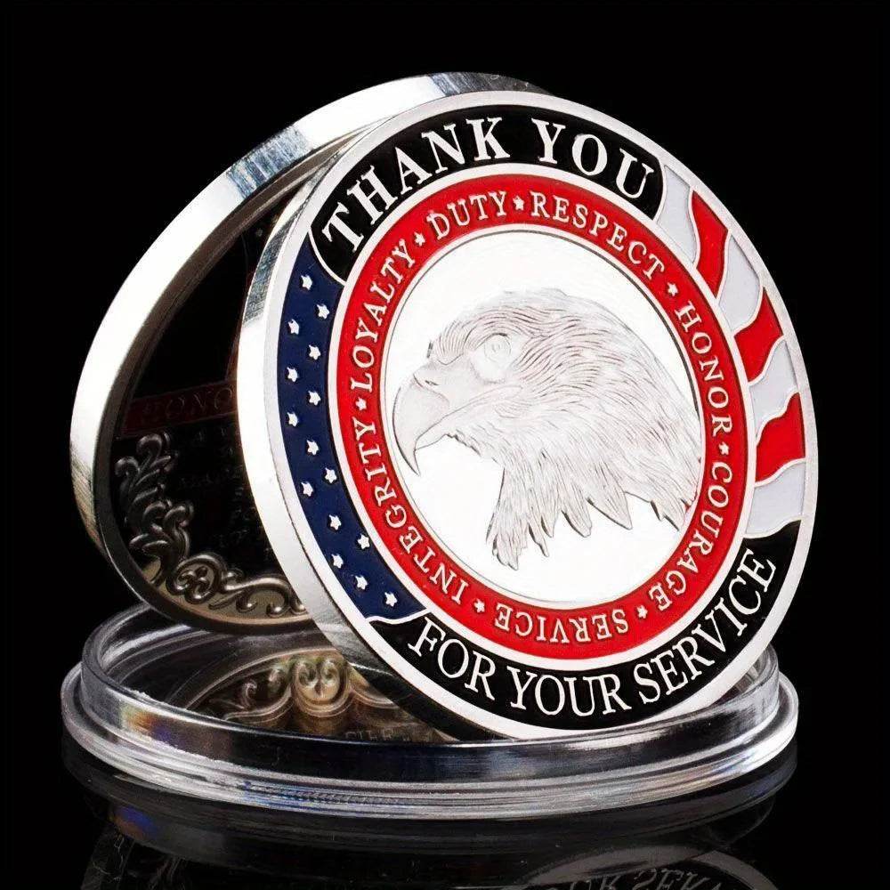 Silver commemorative coin featuring eagle and service appreciation message