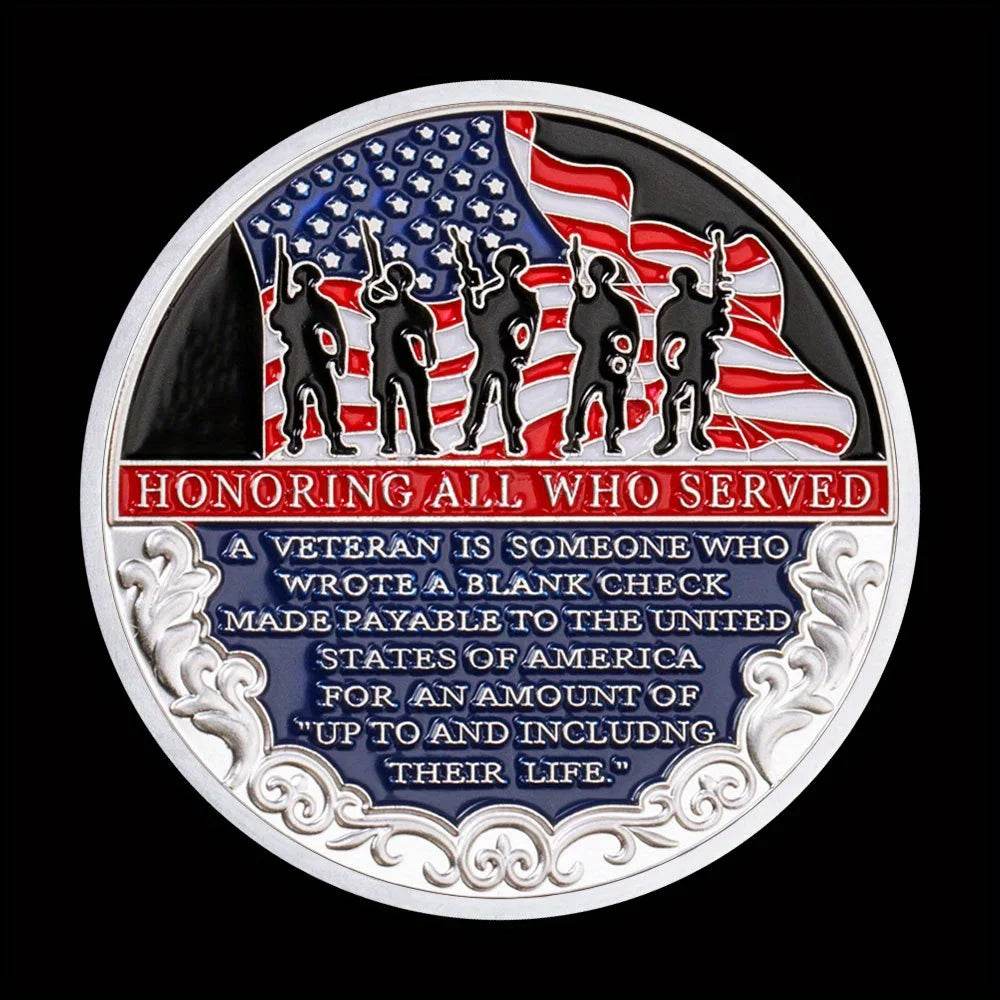 Commemorative coin honoring veterans with American flag design and engraved message