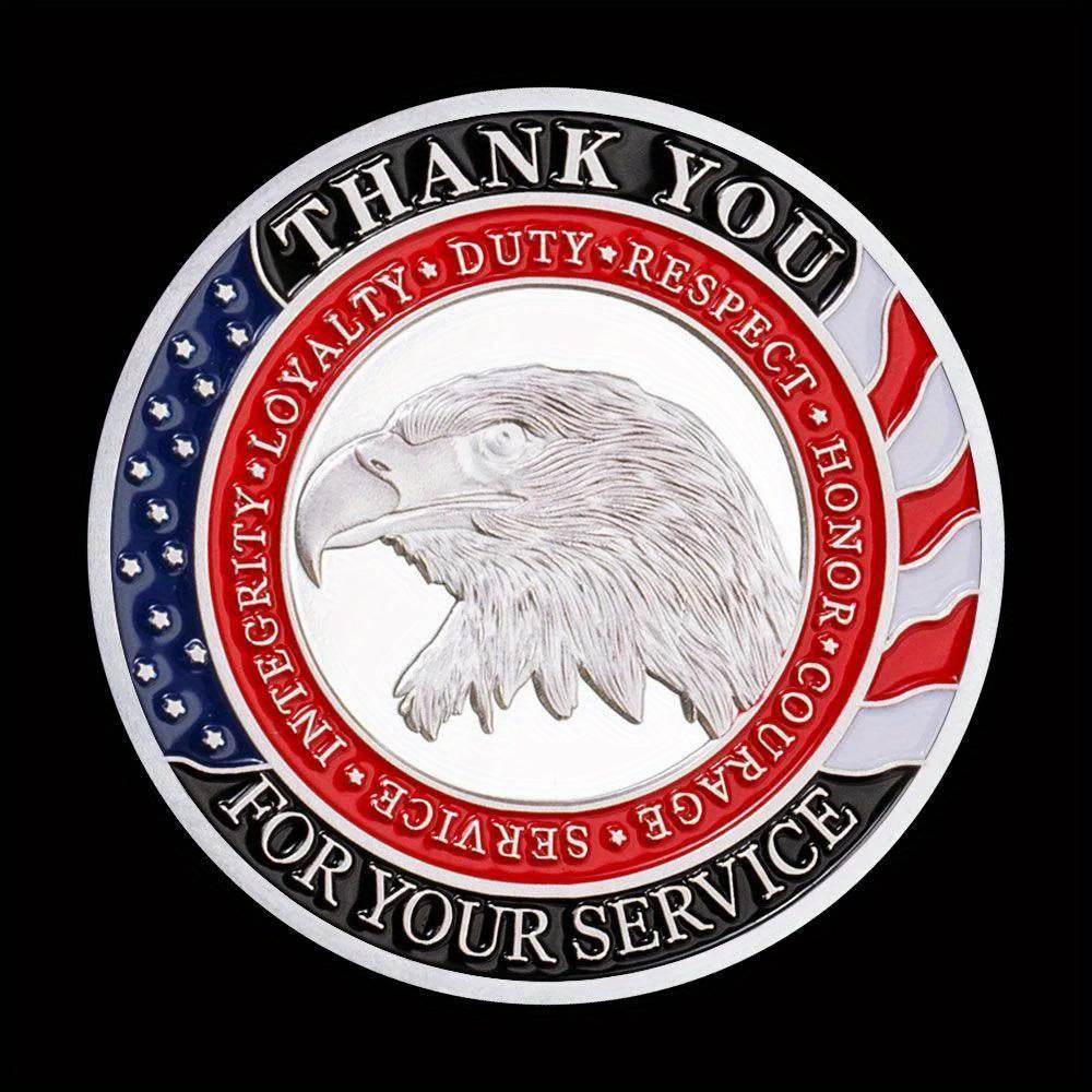 Commemorative coin with eagle design, honoring service and sacrifice