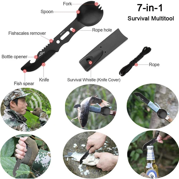 7-in-1 survival multitool featuring spoon, fork, knife, and survival whistle in a compact survival kit