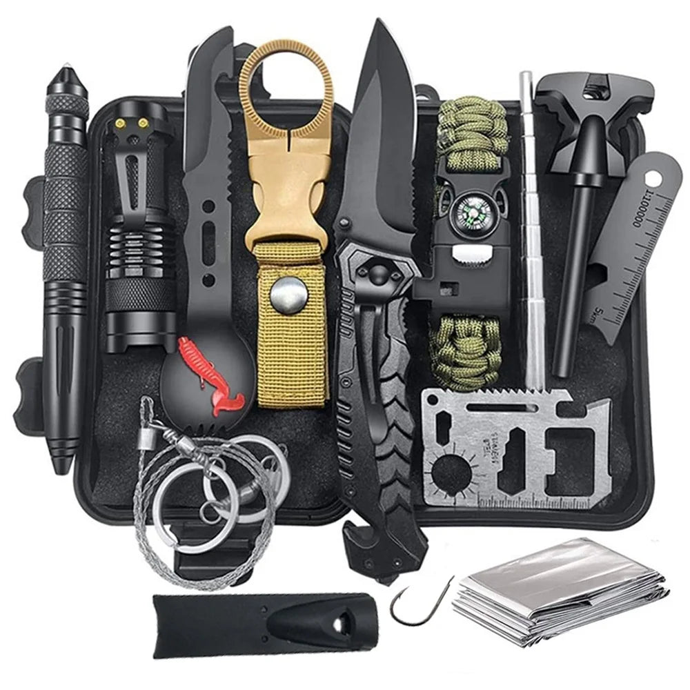 Complete compact survival kit with essential tools for outdoor emergencies and adventurers