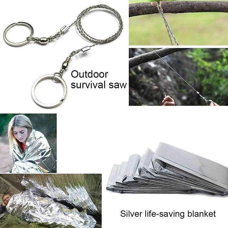 Compact survival kit featuring an outdoor survival saw, silver life-saving blanket and essential gear