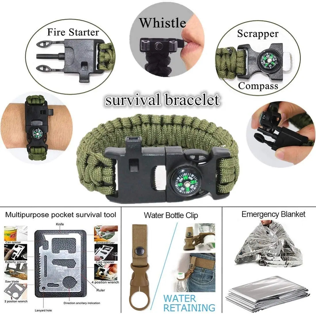 Compact survival kit including a survival bracelet with compass, fire starter, and emergency blanket