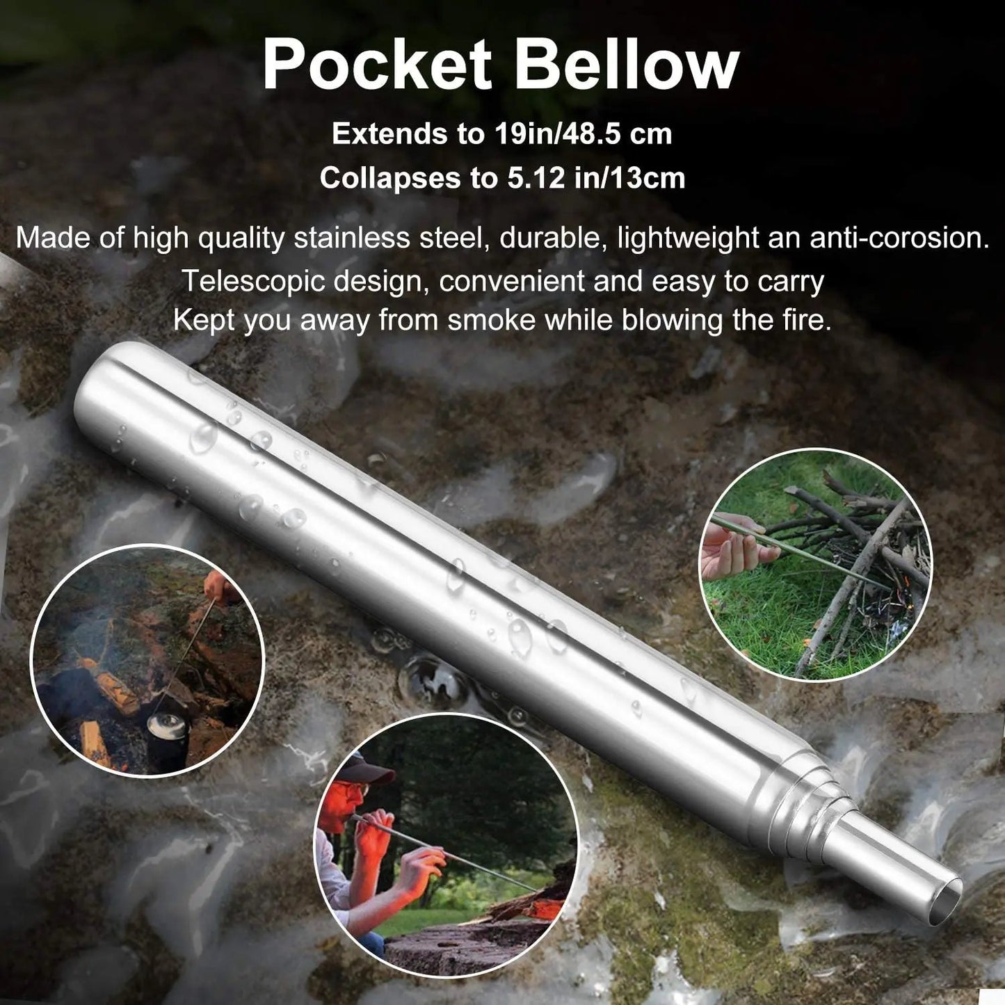 Compact survival kit featuring a stainless steel pocket bellow for easy fire management outdoors