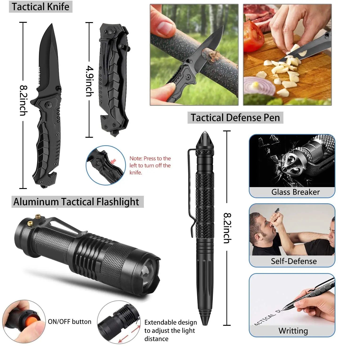 Compact survival kit featuring tactical knife, flashlight, defense pen, and glass breaker for emergencies