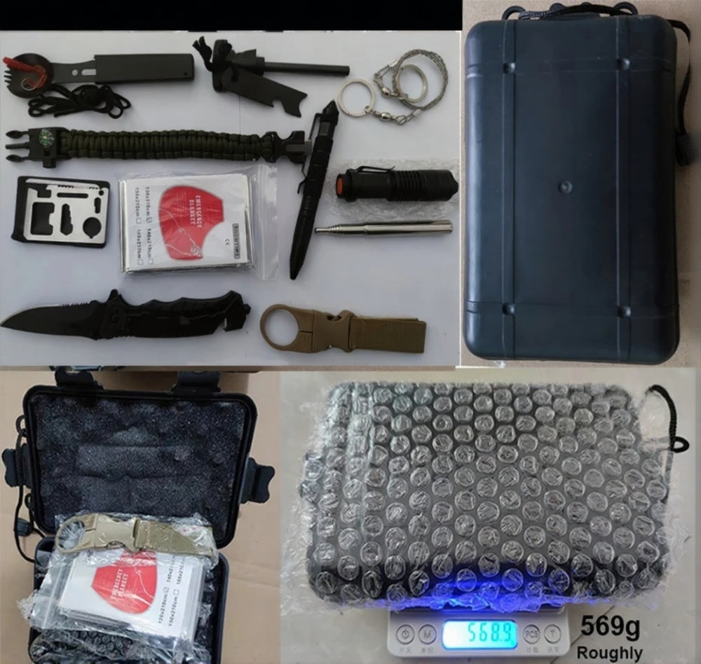 Compact survival kit featuring tools, knife, flashlight, and survival gear in a durable case