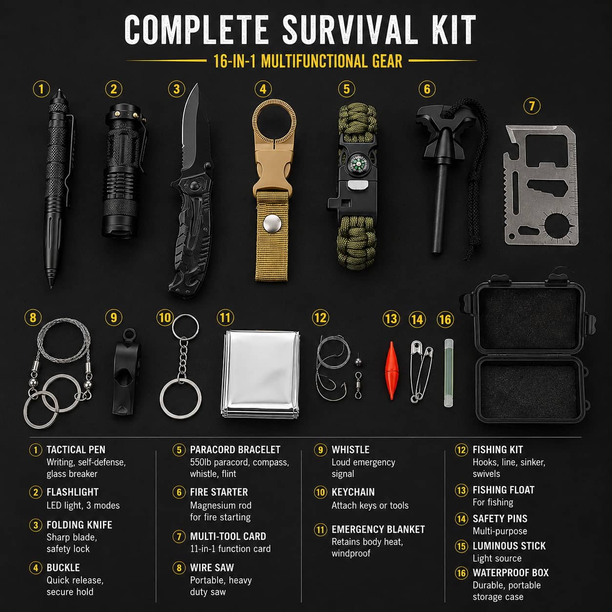 16-in-1 compact survival kit with flashlight, knife, and emergency gear