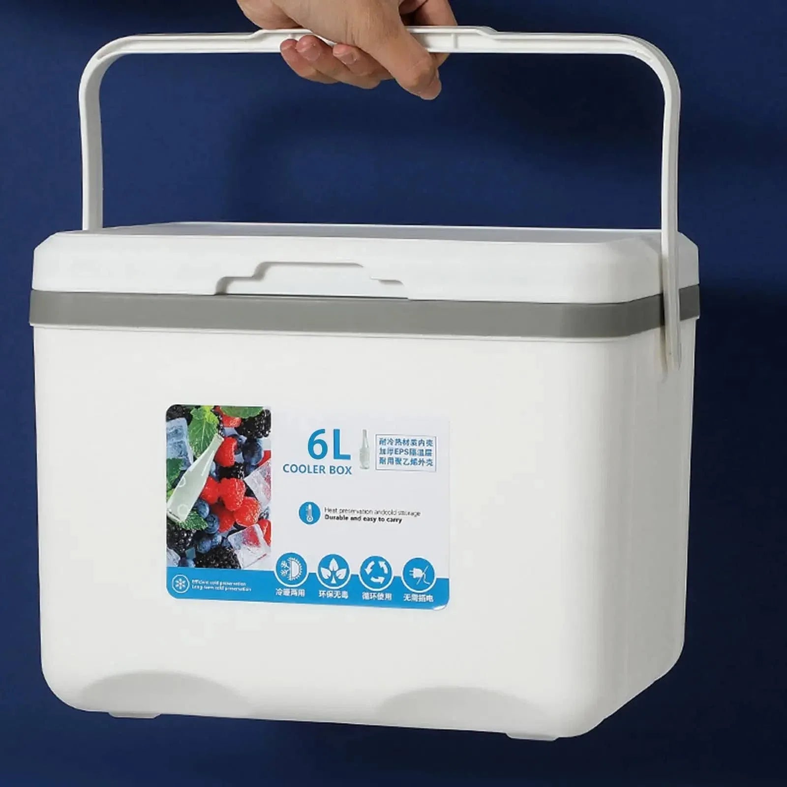 6L cooler box in white with ergonomic handle for outdoor use