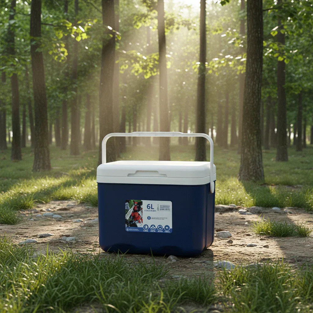 Blue cooler box with 6L capacity, perfect for outdoor camping trips