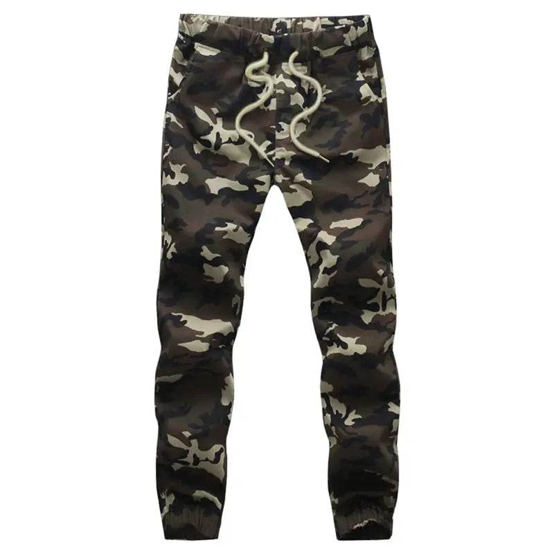 Cotton camouflage outdoor pants in dark green with elastic waistband for outdoor activities