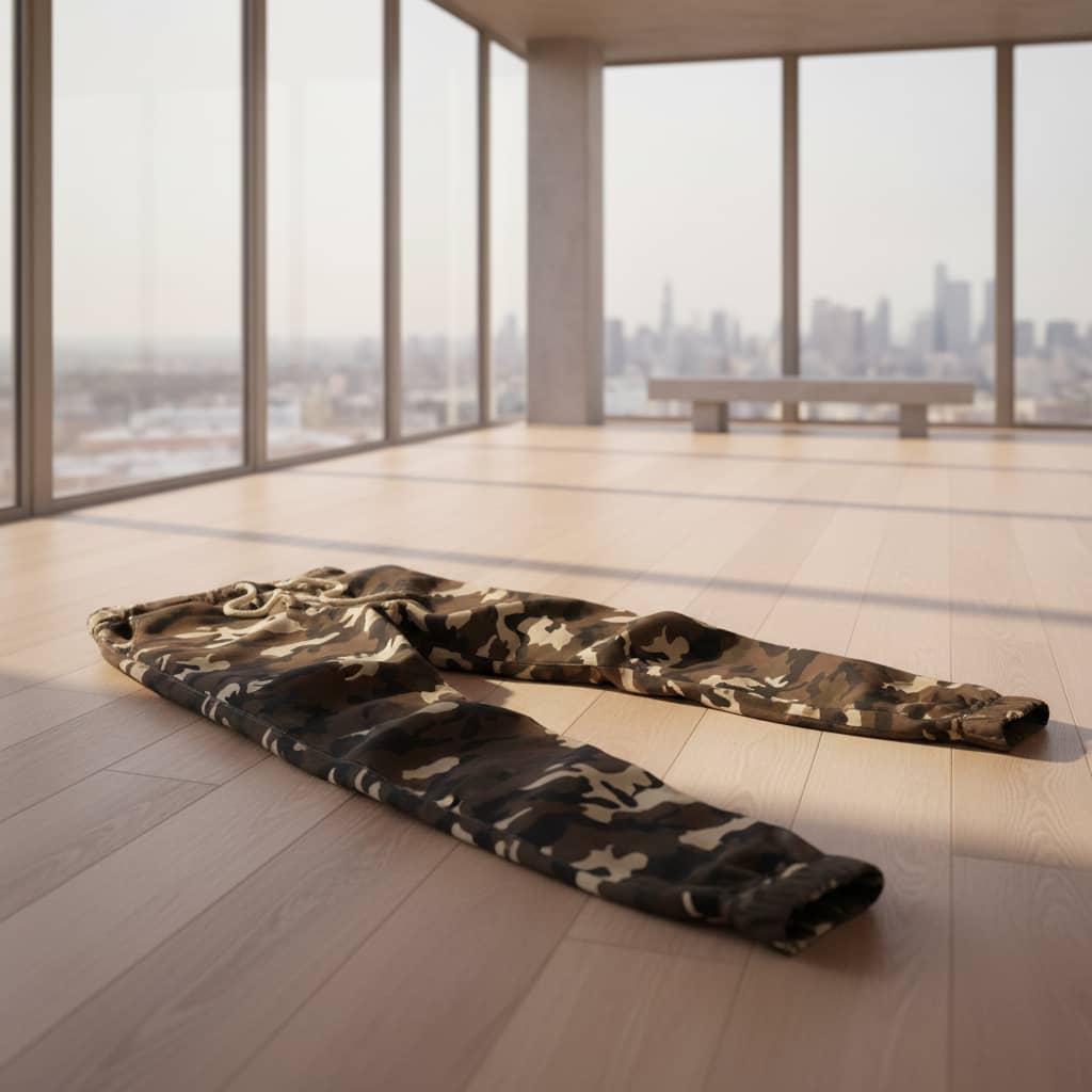 A pair of men's jogger pants featuring a dark camouflage pattern in black, brown, and beige, with a white drawstring at the waist