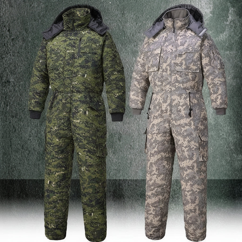 Cotton hooded snow overalls in green camo and gray camo for winter activities