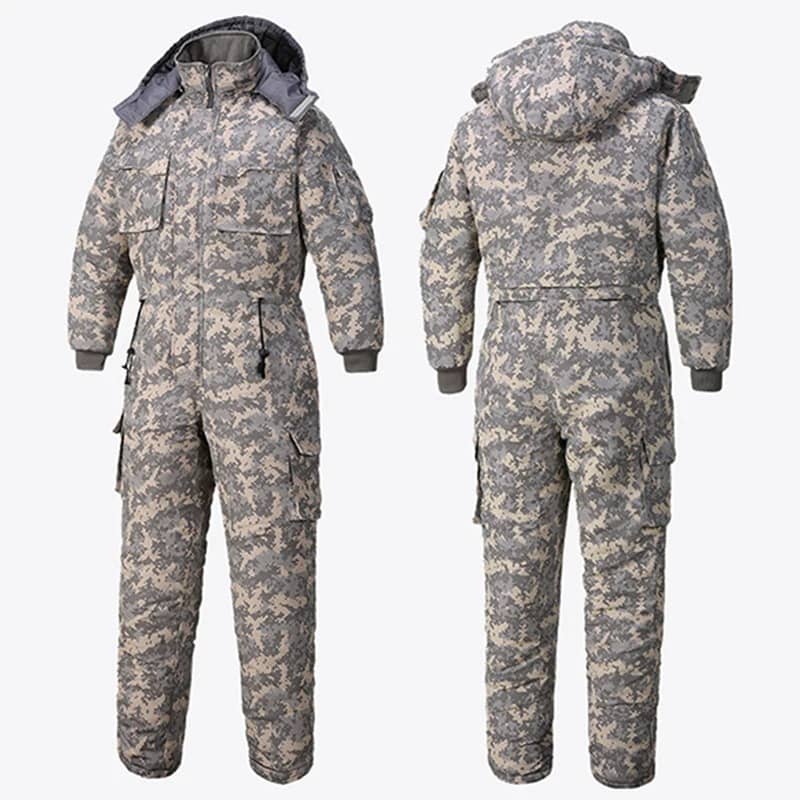 Cotton hooded snow overalls in camo design for winter outdoor activities