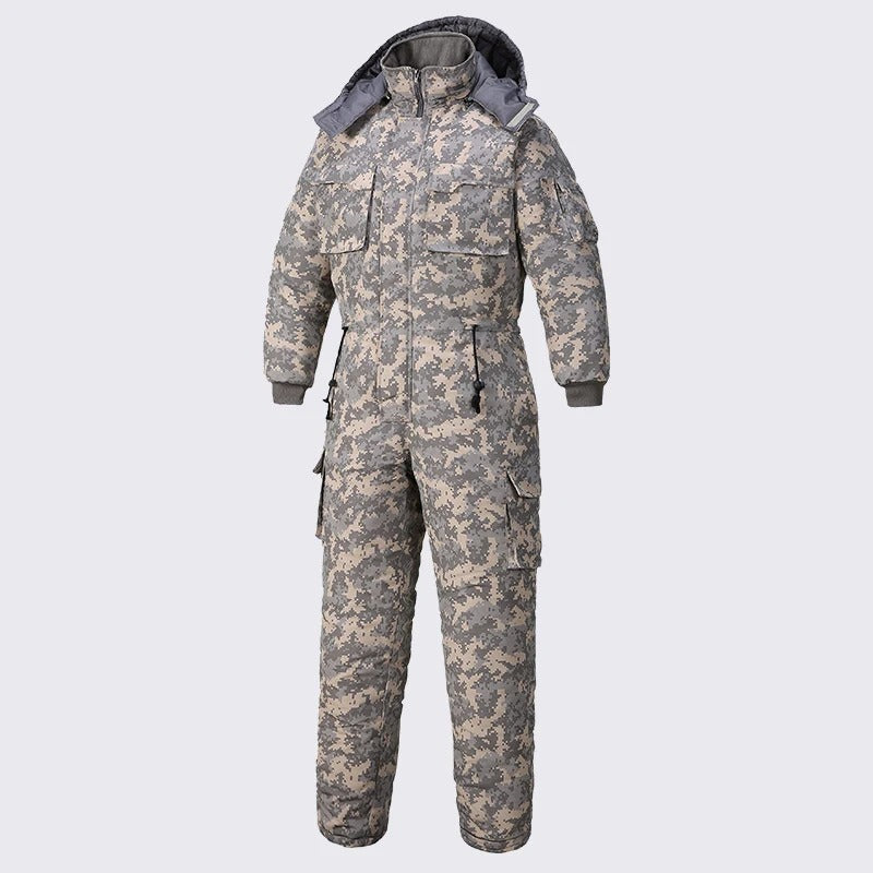 Cotton hooded snow overalls in camouflage, perfect for winter outdoor activities