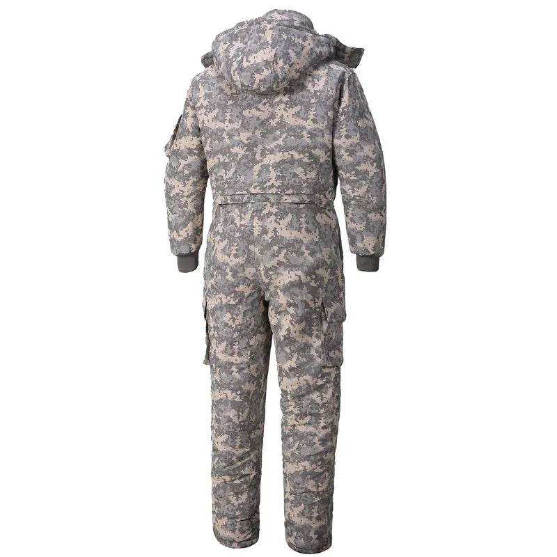 Cotton hooded snow overalls in camouflage for cold weather protection