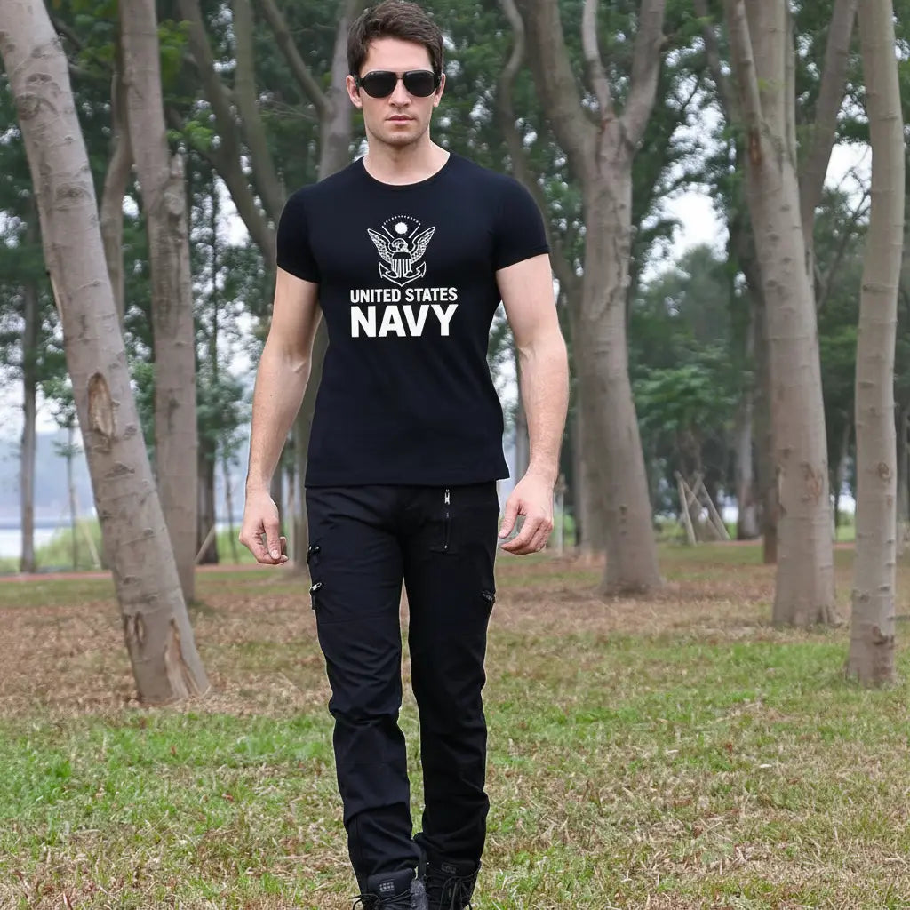 Black cotton military t-shirt featuring United States Navy logo for casual wear