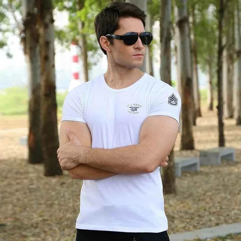 Men's white cotton military t-shirt featuring a stylish logo on the chest and sleeve