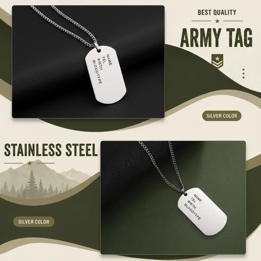 Silver dog tag necklace in stainless steel with customizable text