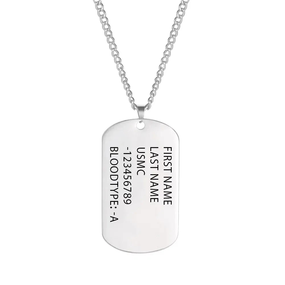Personalized silver dog tag necklace with engraving for identification