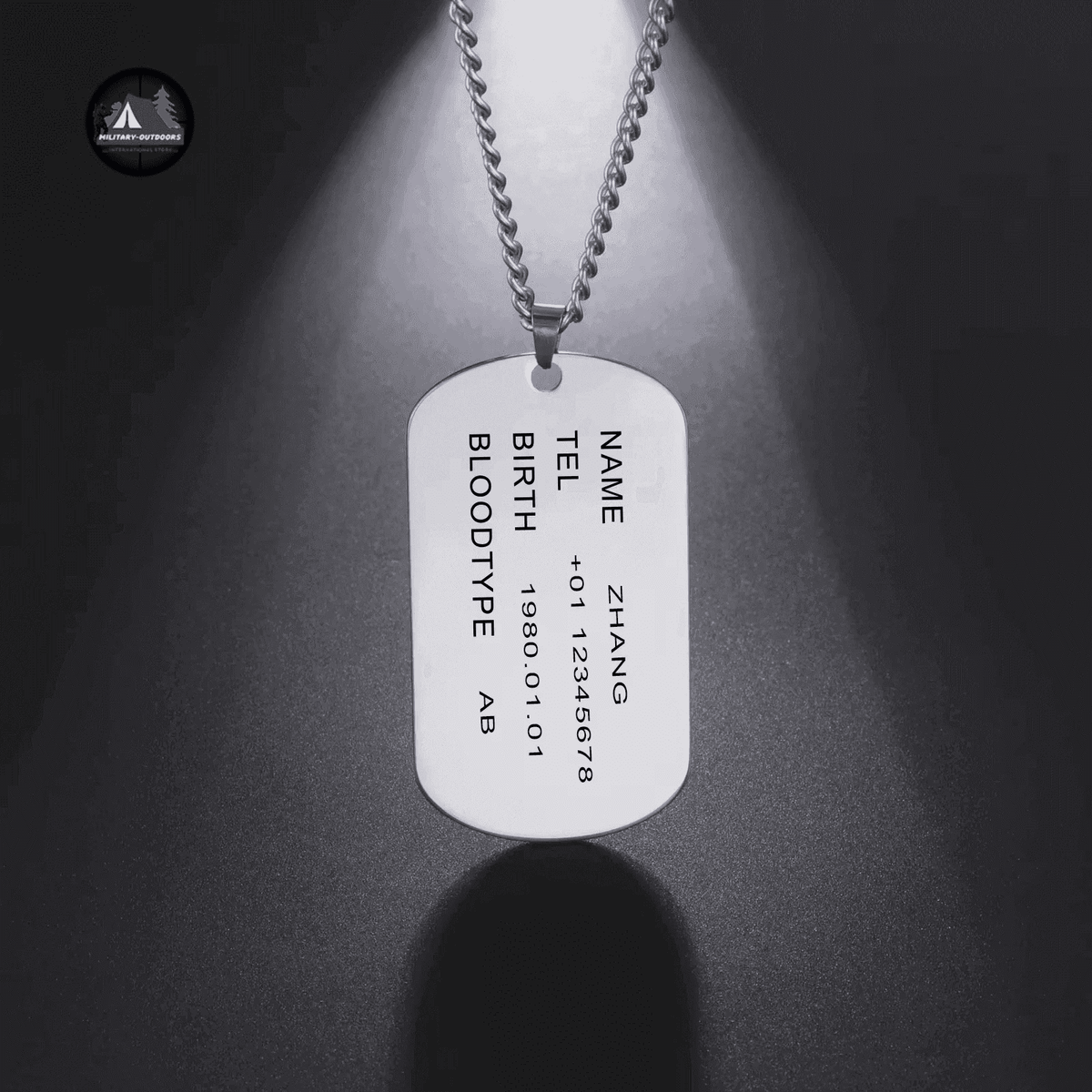 Customizable dog tag necklace with personal information and silver finish
