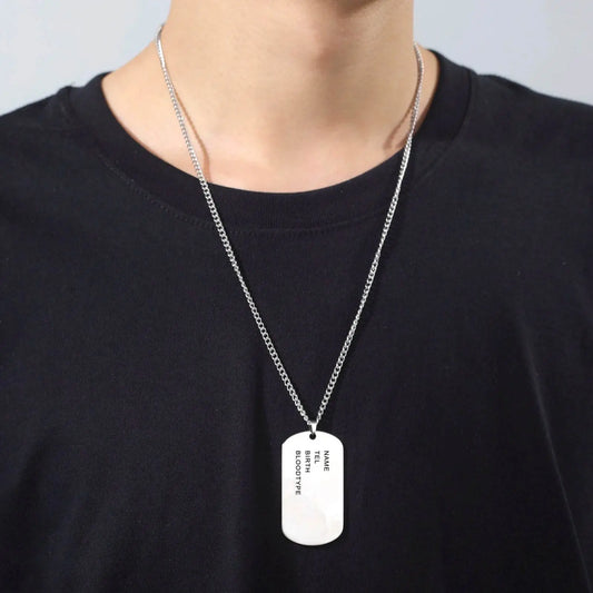 Dog tag necklace in silver with customizable engraving for personal use