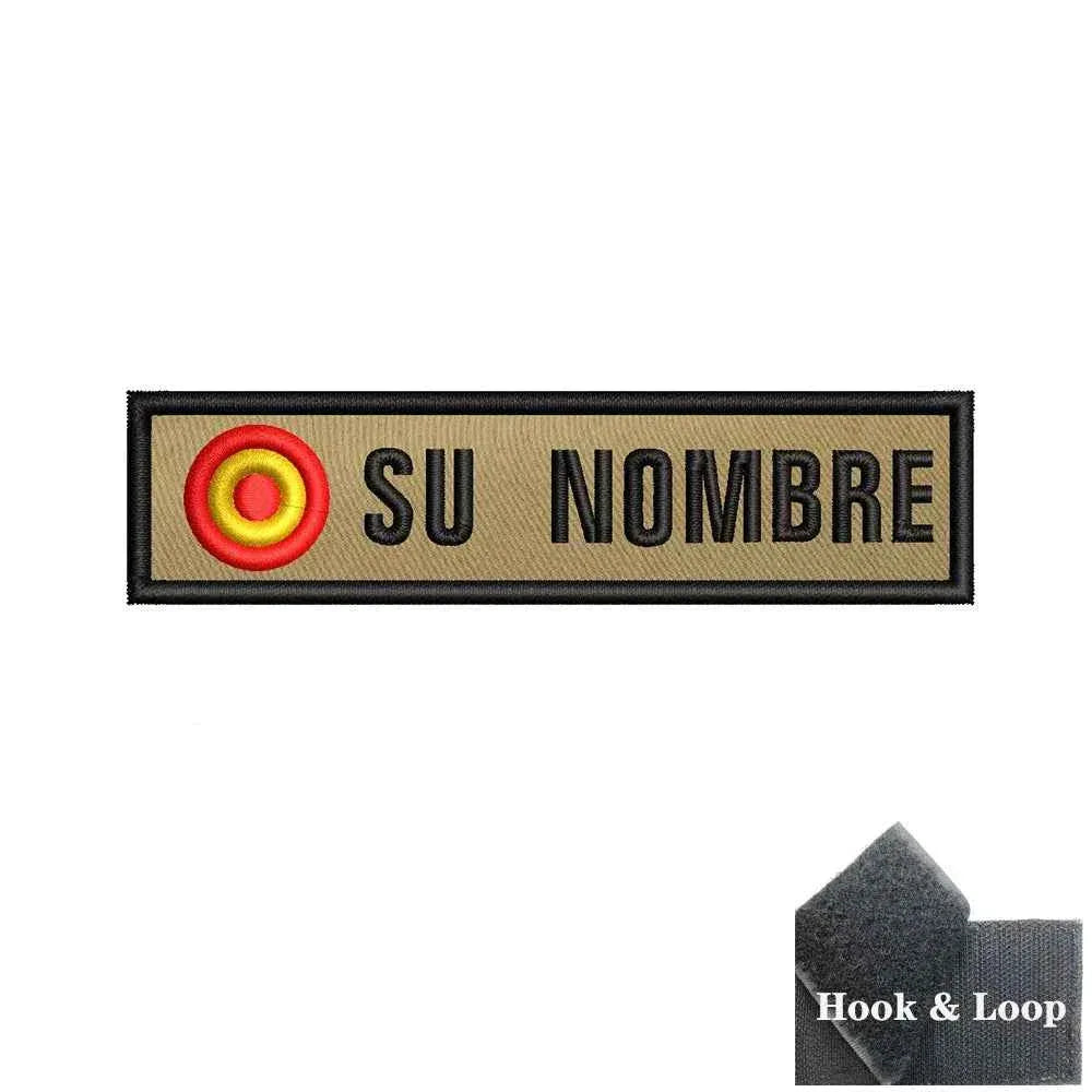 Custom flag patch in tan with black text for military identification