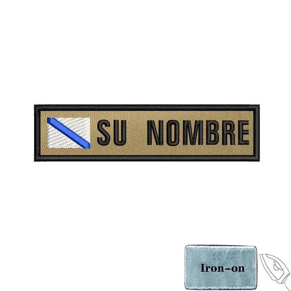 Custom flag patch in tan with black text for personal identification