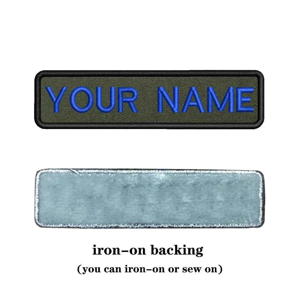 Custom name patch in olive green with navy blue lettering for military personalization
