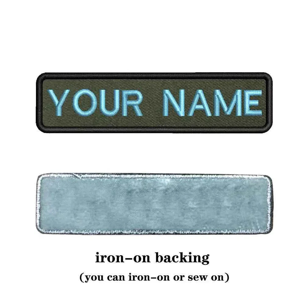 Custom name patch with iron-on backing in military green and blue letters